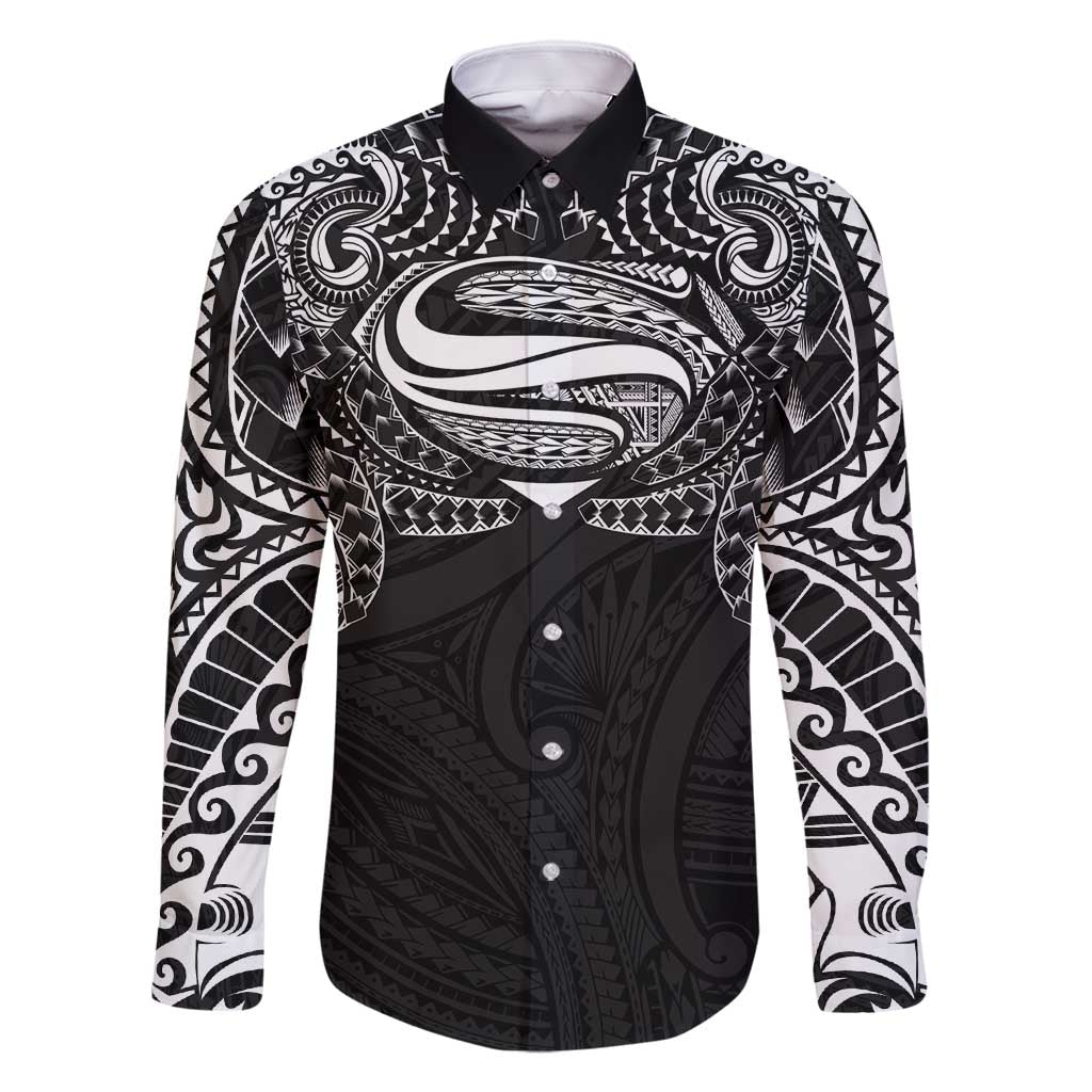 Super Samoan Traditional Tribal Art Tattoos Family Matching Off Shoulder Short Dress and Hawaiian Shirt Black Color LT03 Dad's Shirt - Long Sleeve Black - Polynesian Pride