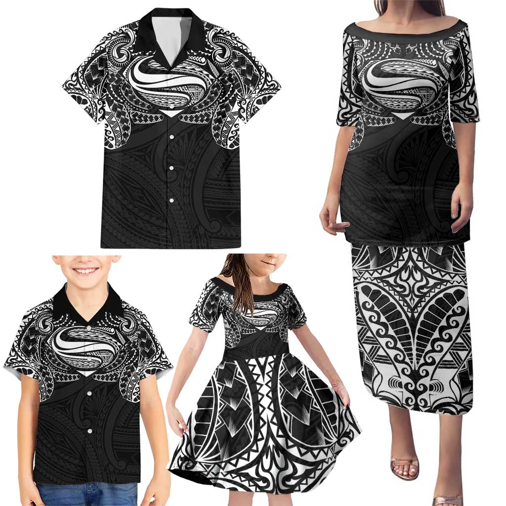 Super Samoan Traditional Tribal Art Tattoos Family Matching Puletasi and Hawaiian Shirt Black Color - Polynesian Pride
