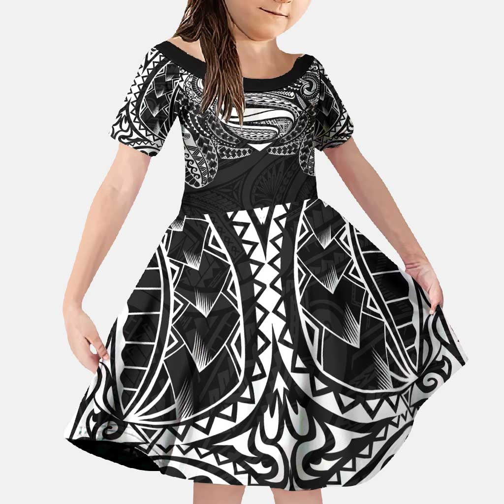Super Samoan Traditional Tribal Art Tattoos Family Matching Summer Maxi Dress and Hawaiian Shirt Black Color LT03 Daughter's Dress Black - Polynesian Pride