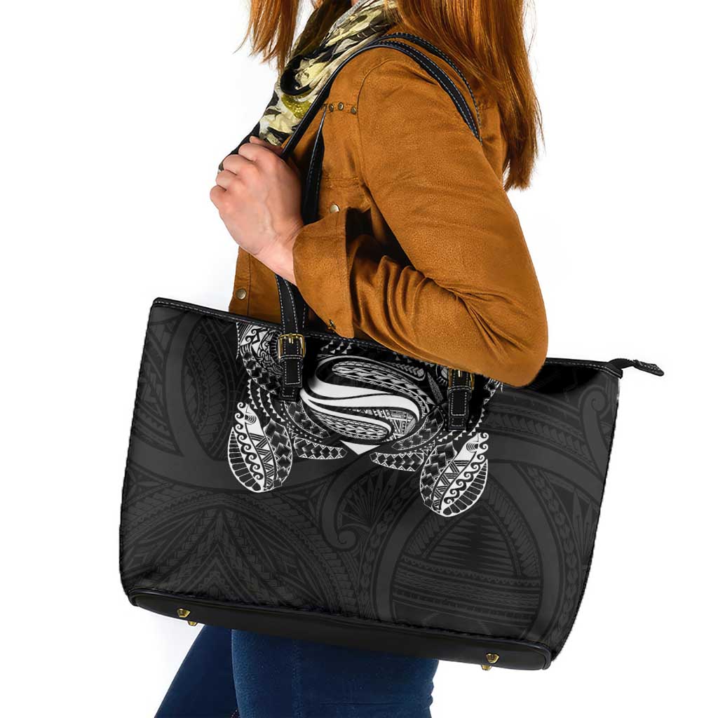 Super Samoan Traditional Tribal Art Tattoos Leather Tote Bag Black Color LT03 Black - Polynesian Pride