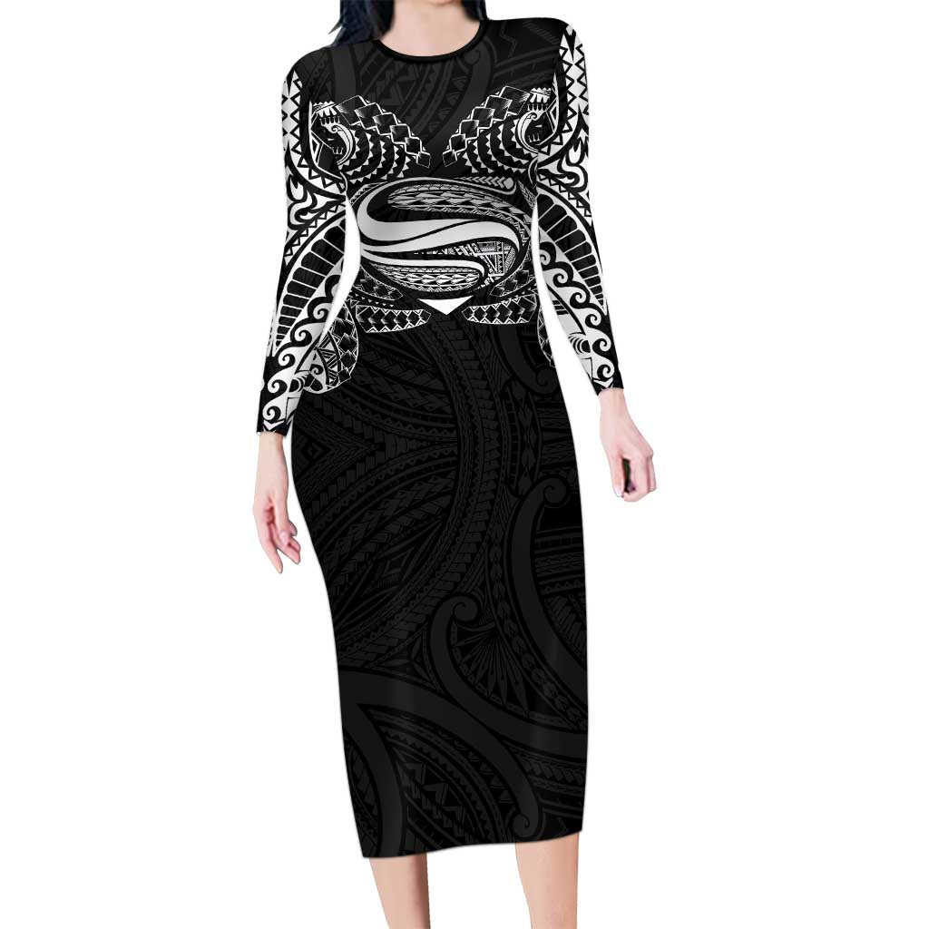 Super Samoan Traditional Tribal Art Tattoos Long Sleeve Bodycon Dress Black Color - Polynesian Pride