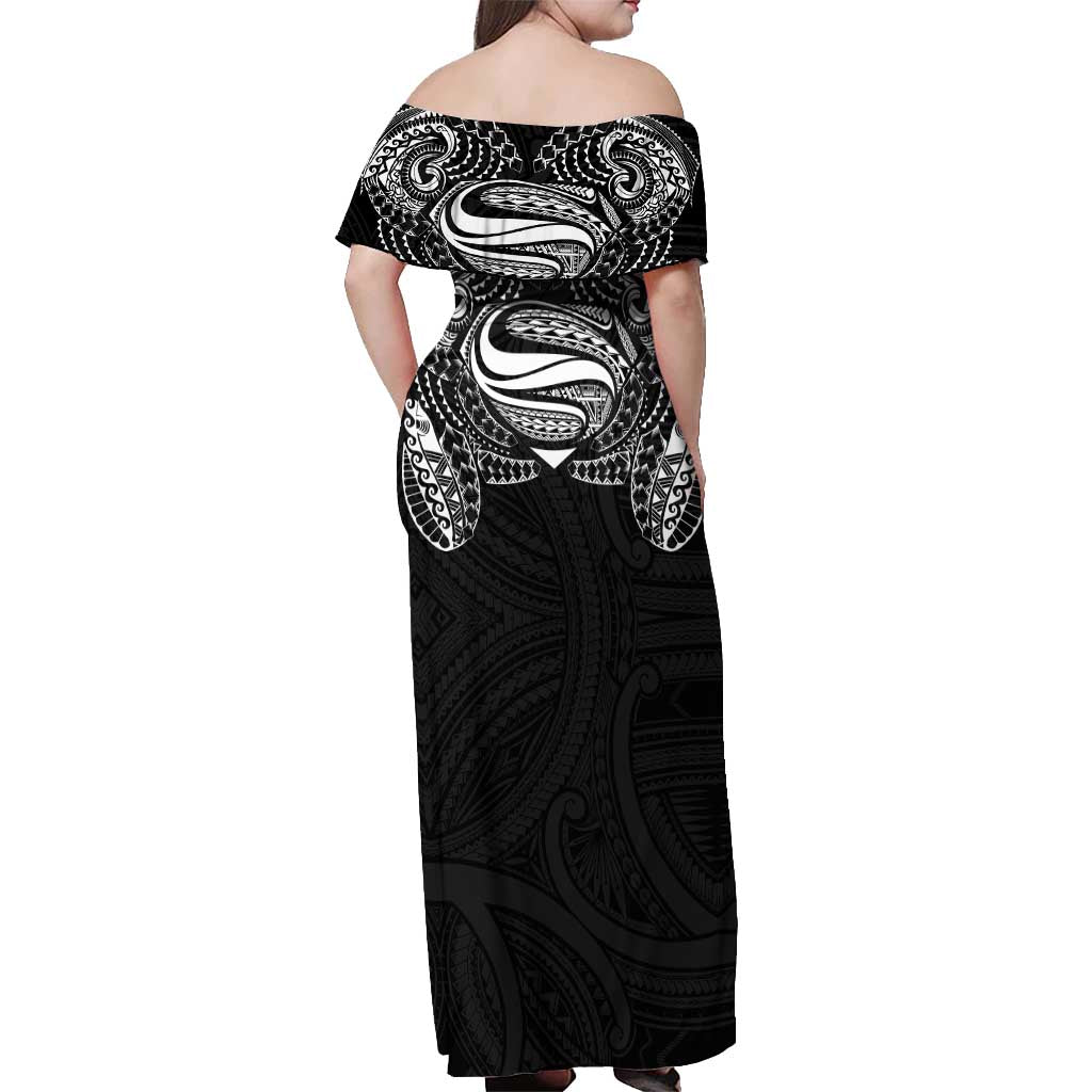 Super Samoan Traditional Tribal Art Tattoos Off Shoulder Maxi Dress Black Color - Polynesian Pride