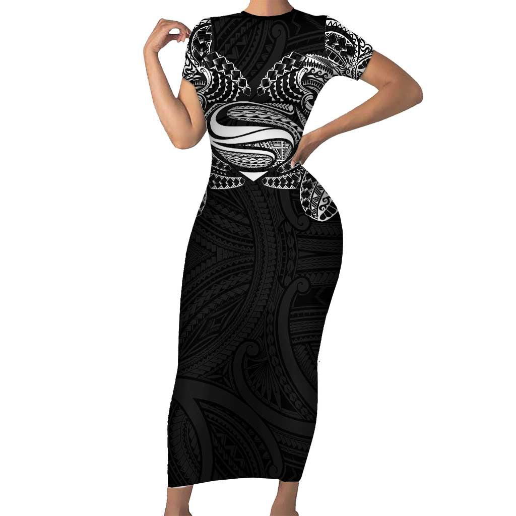 Super Samoan Traditional Tribal Art Tattoos Short Sleeve Bodycon Dress Black Color - Polynesian Pride