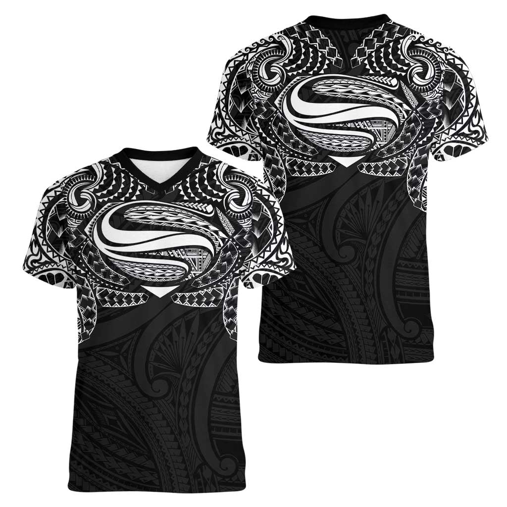 Super Samoan Traditional Tribal Art Tattoos Women V-Neck T-Shirt Black Color - Polynesian Pride