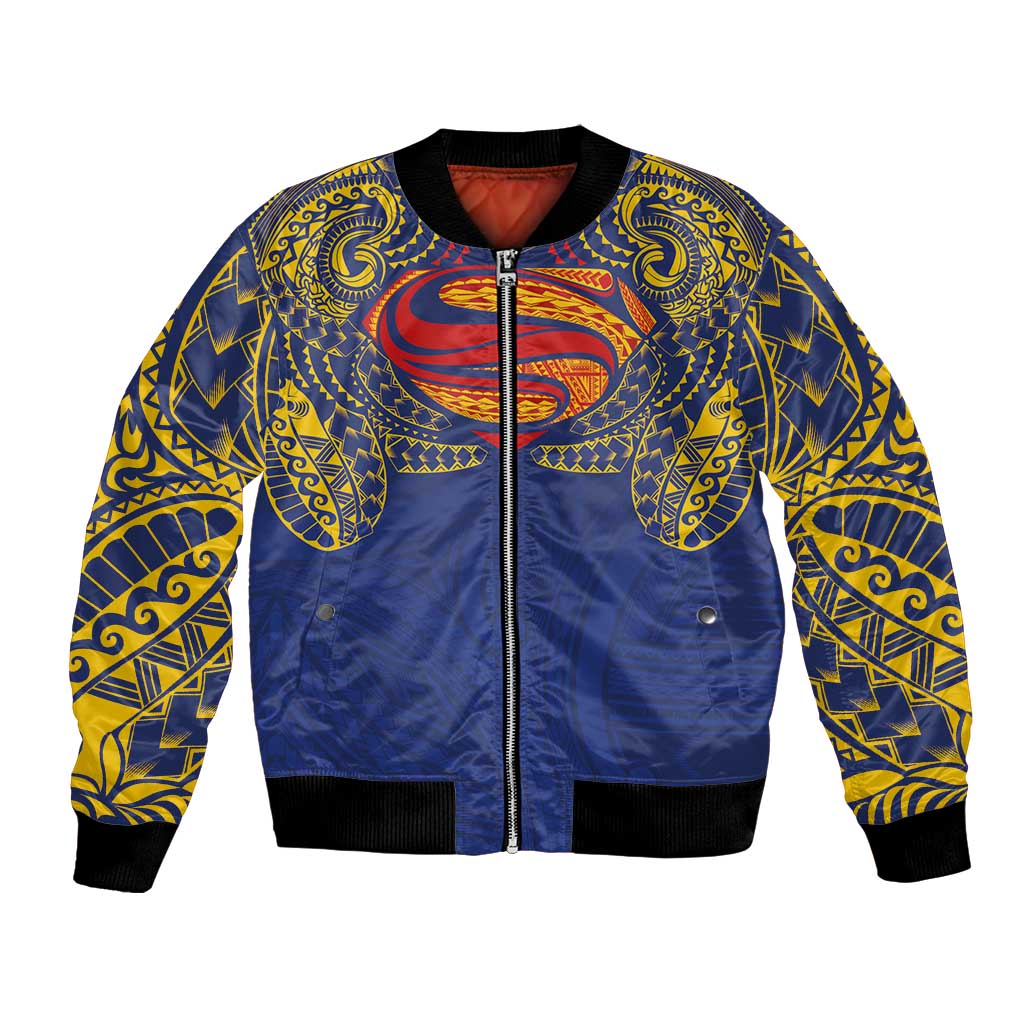Super Samoan Traditional Tribal Art Tattoos Bomber Jacket Blue Color LT03 Unisex Blue - Polynesian Pride