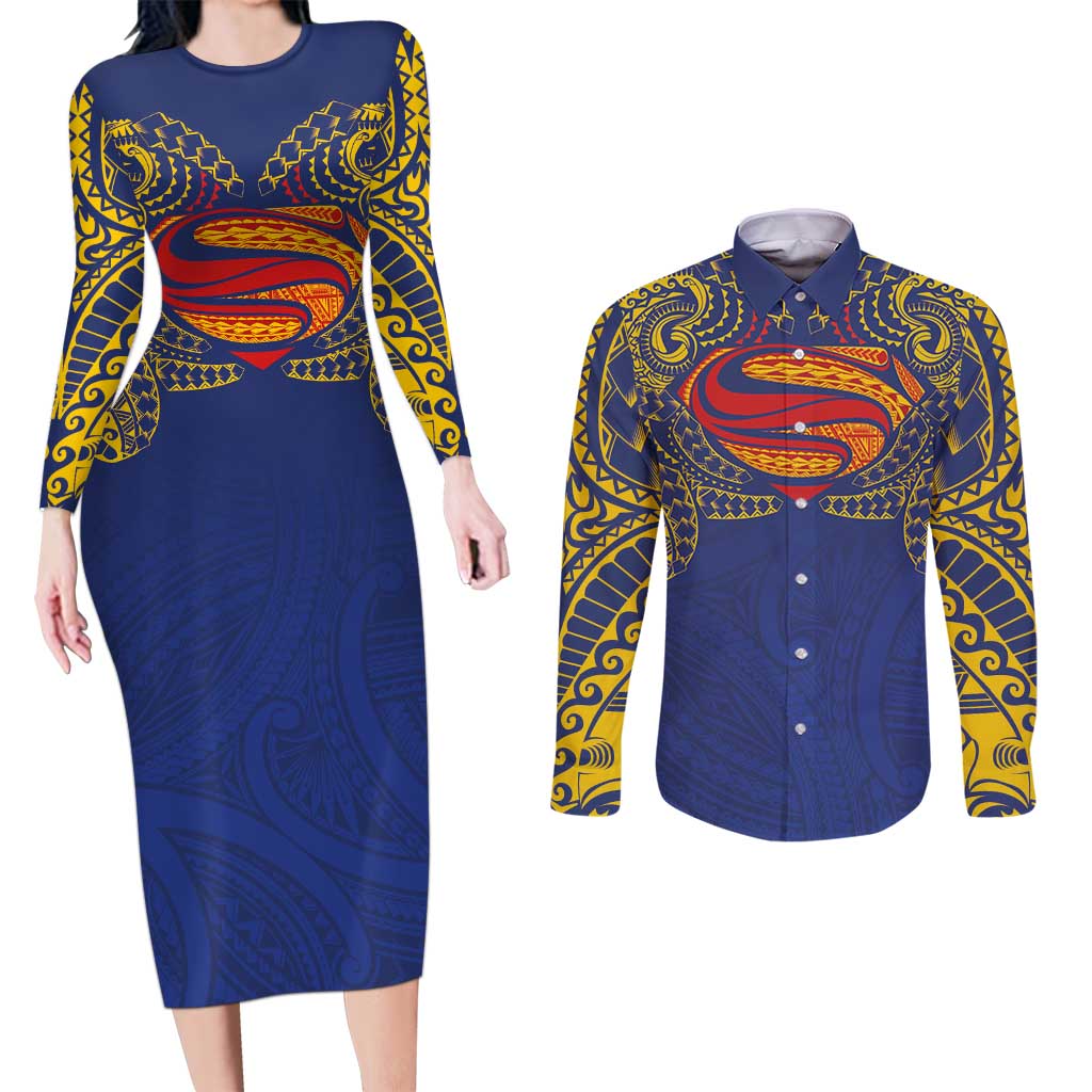 Super Samoan Traditional Tribal Art Tattoos Couples Matching Long Sleeve Bodycon Dress and Long Sleeve Button Shirt Blue Color LT03 Blue - Polynesian Pride