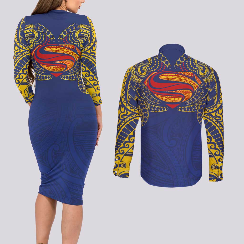 Super Samoan Traditional Tribal Art Tattoos Couples Matching Long Sleeve Bodycon Dress and Long Sleeve Button Shirt Blue Color - Polynesian Pride