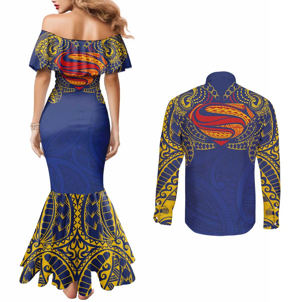 Super Samoan Traditional Tribal Art Tattoos Couples Matching Mermaid Dress and Long Sleeve Button Shirt Blue Color - Polynesian Pride