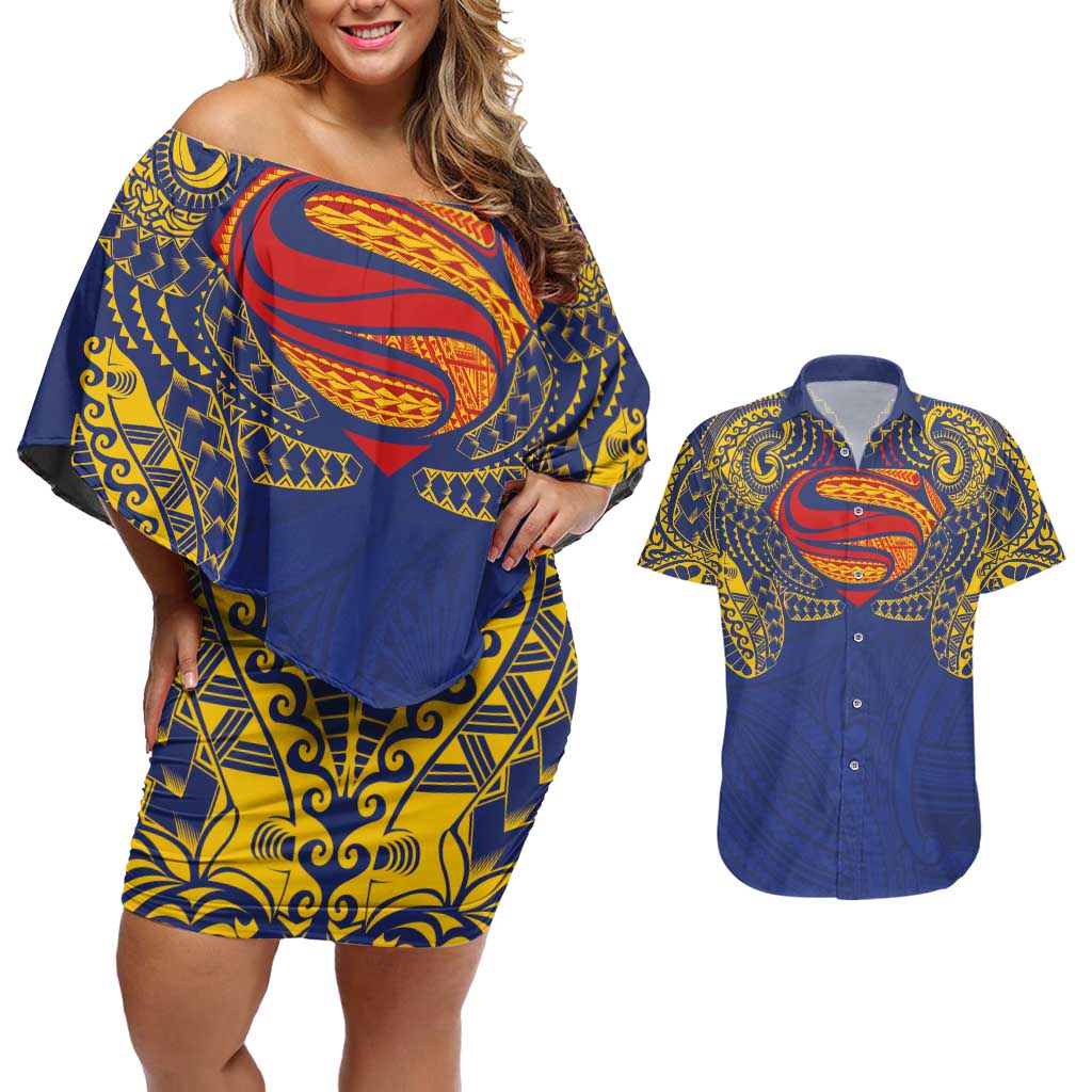 Super Samoan Traditional Tribal Art Tattoos Couples Matching Off Shoulder Short Dress and Hawaiian Shirt Blue Color LT03 Blue - Polynesian Pride