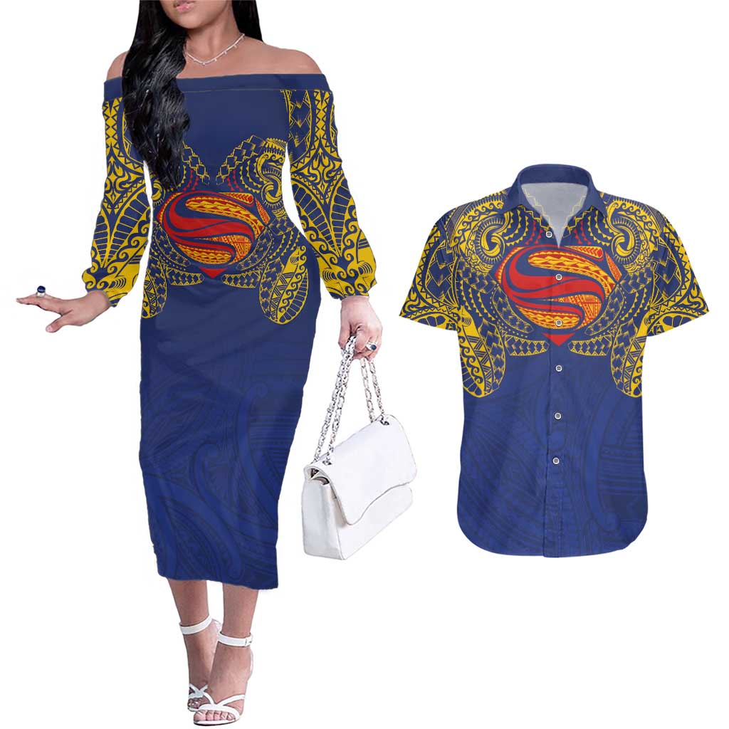 Super Samoan Traditional Tribal Art Tattoos Couples Matching Off The Shoulder Long Sleeve Dress and Hawaiian Shirt Blue Color LT03 Blue - Polynesian Pride