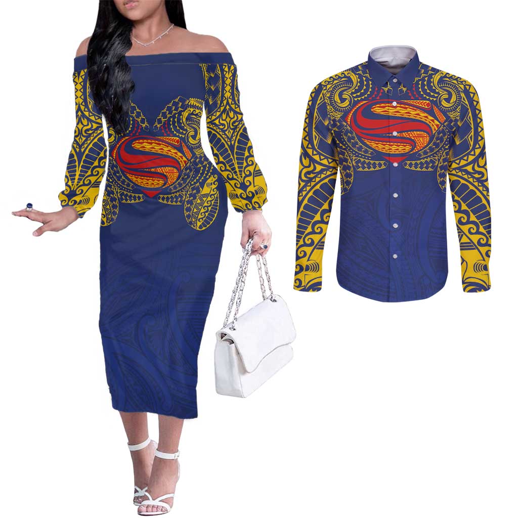 Super Samoan Traditional Tribal Art Tattoos Couples Matching Off The Shoulder Long Sleeve Dress and Long Sleeve Button Shirt Blue Color LT03 Blue - Polynesian Pride