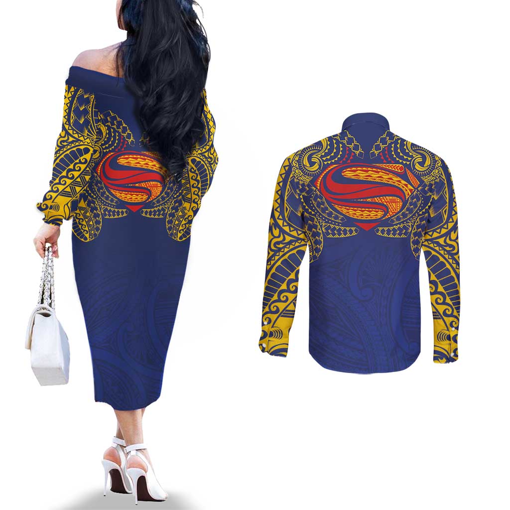 Super Samoan Traditional Tribal Art Tattoos Couples Matching Off The Shoulder Long Sleeve Dress and Long Sleeve Button Shirt Blue Color - Polynesian Pride