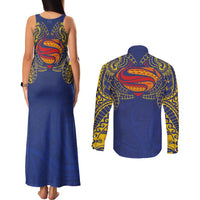 Super Samoan Traditional Tribal Art Tattoos Couples Matching Tank Maxi Dress and Long Sleeve Button Shirt Blue Color - Polynesian Pride