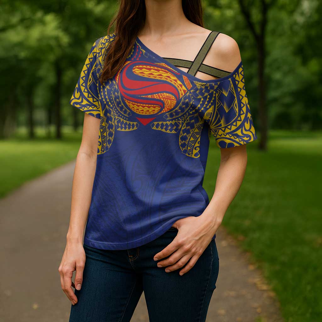 Super Samoan Traditional Tribal Art Tattoos Cross Shoulder Shirt Blue Color - Polynesian Pride