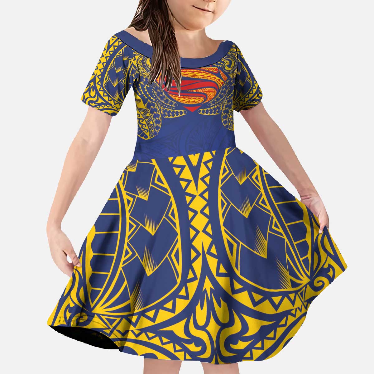 Super Samoan Traditional Tribal Art Tattoos Family Matching Off The Shoulder Long Sleeve Dress and Hawaiian Shirt Blue Color - Polynesian Pride