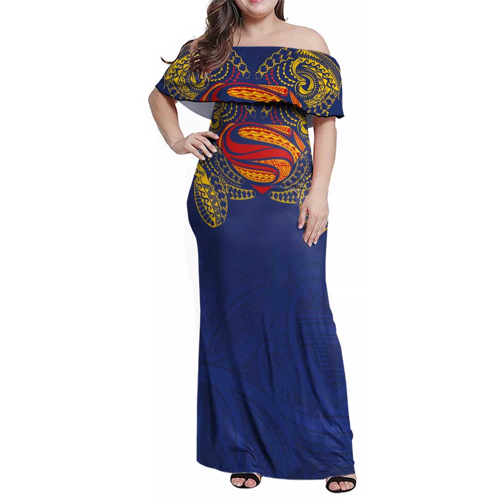 Super Samoan Traditional Tribal Art Tattoos Family Matching Off Shoulder Maxi Dress and Hawaiian Shirt Blue Color - Polynesian Pride