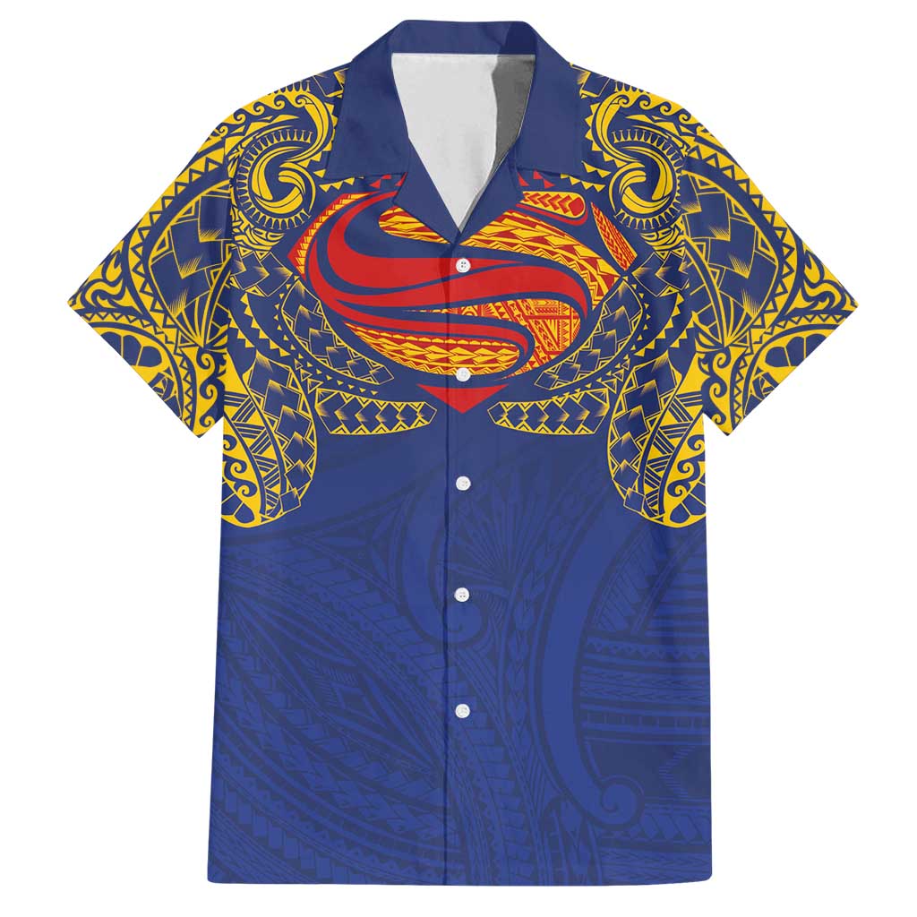 Super Samoan Traditional Tribal Art Tattoos Family Matching Off Shoulder Short Dress and Hawaiian Shirt Blue Color LT03 Dad's Shirt - Short Sleeve Blue - Polynesian Pride