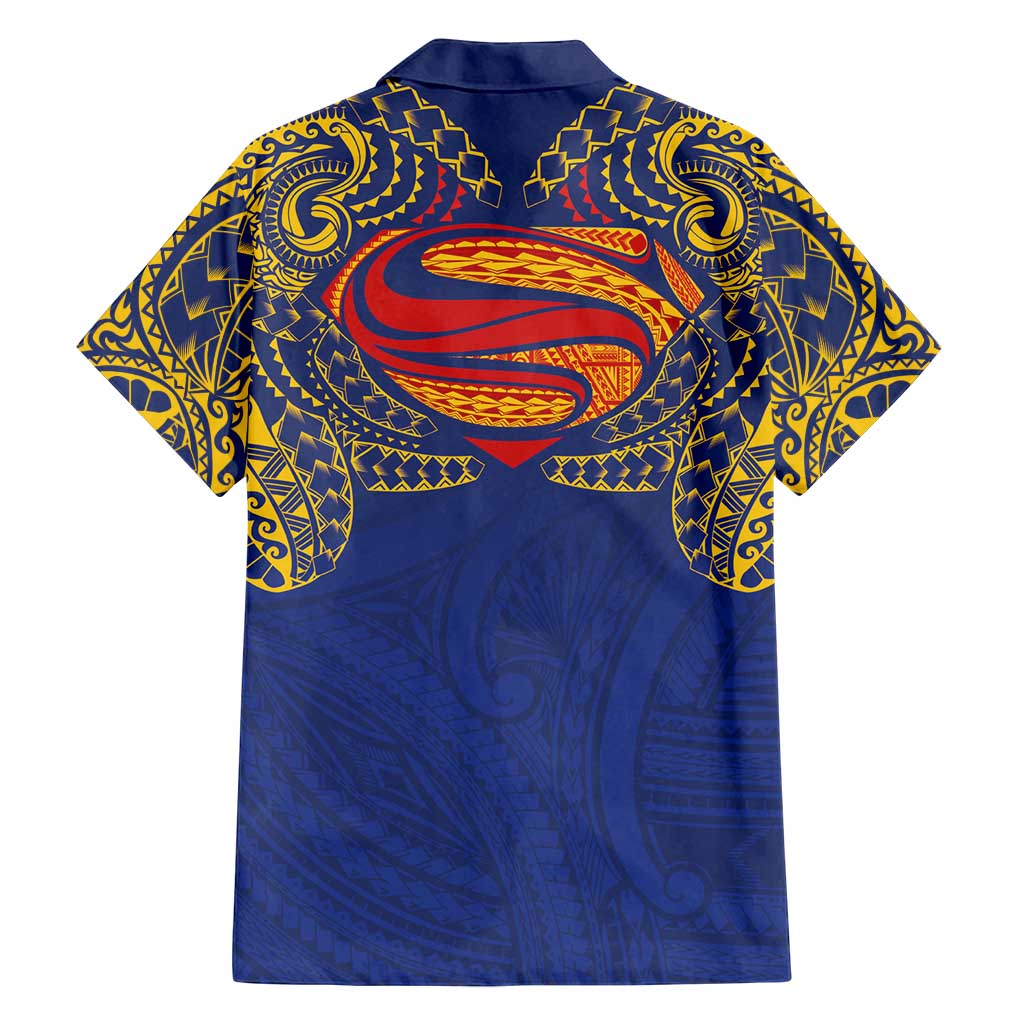 Super Samoan Traditional Tribal Art Tattoos Family Matching Off Shoulder Short Dress and Hawaiian Shirt Blue Color LT03 - Polynesian Pride
