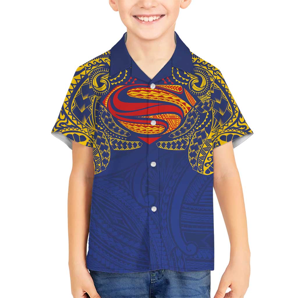 Super Samoan Traditional Tribal Art Tattoos Family Matching Off Shoulder Short Dress and Hawaiian Shirt Blue Color LT03 Son's Shirt Blue - Polynesian Pride