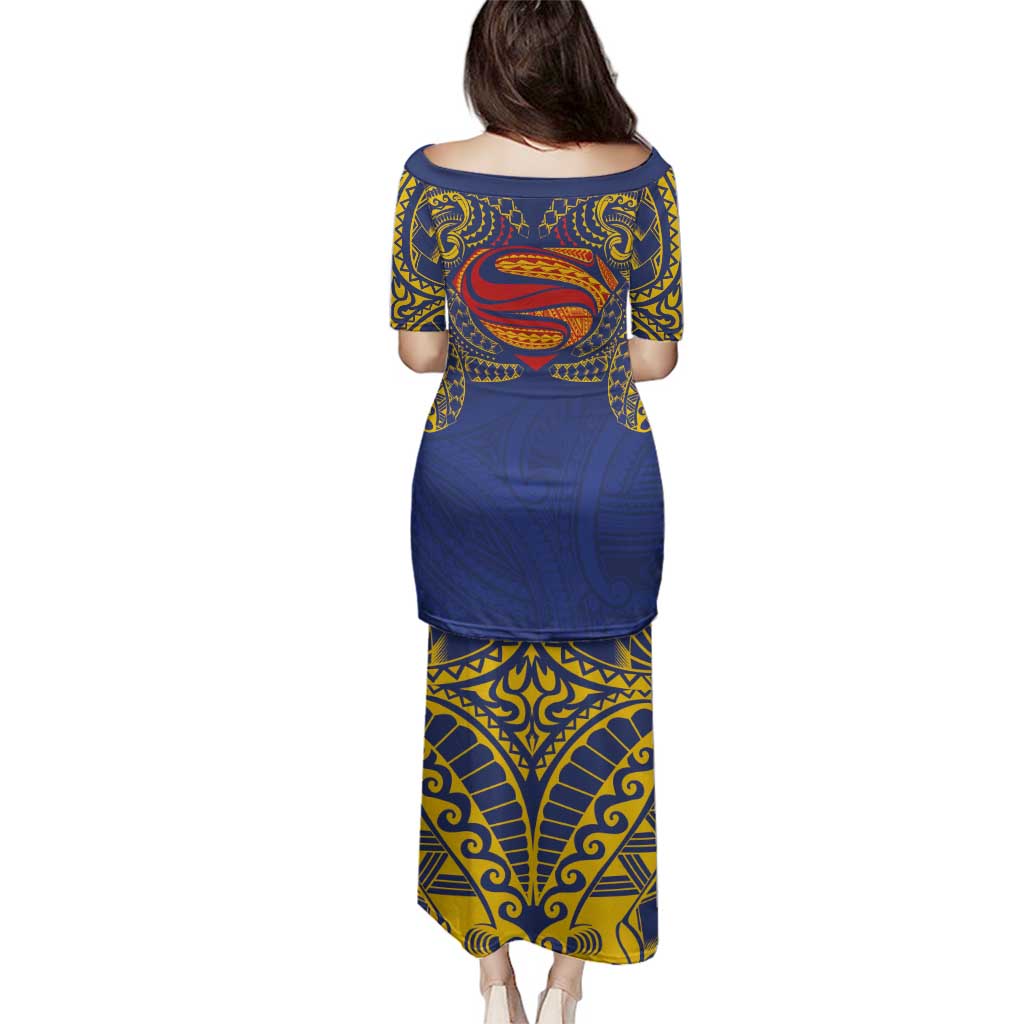 Super Samoan Traditional Tribal Art Tattoos Family Matching Puletasi and Hawaiian Shirt Blue Color - Polynesian Pride