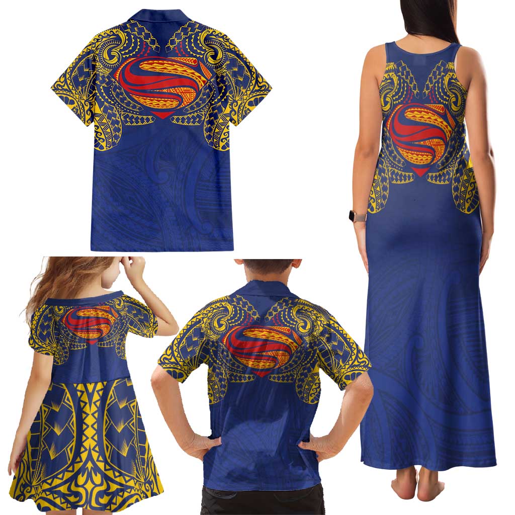 Super Samoan Traditional Tribal Art Tattoos Family Matching Tank Maxi Dress and Hawaiian Shirt Blue Color - Polynesian Pride
