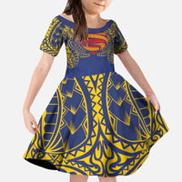 Super Samoan Traditional Tribal Art Tattoos Kid Short Sleeve Dress Blue Color - Polynesian Pride