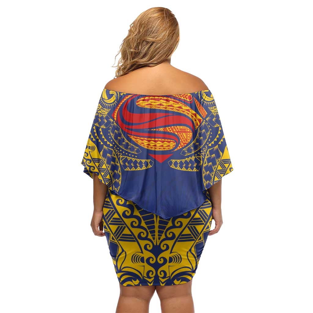 Super Samoan Traditional Tribal Art Tattoos Off Shoulder Short Dress Blue Color - Polynesian Pride