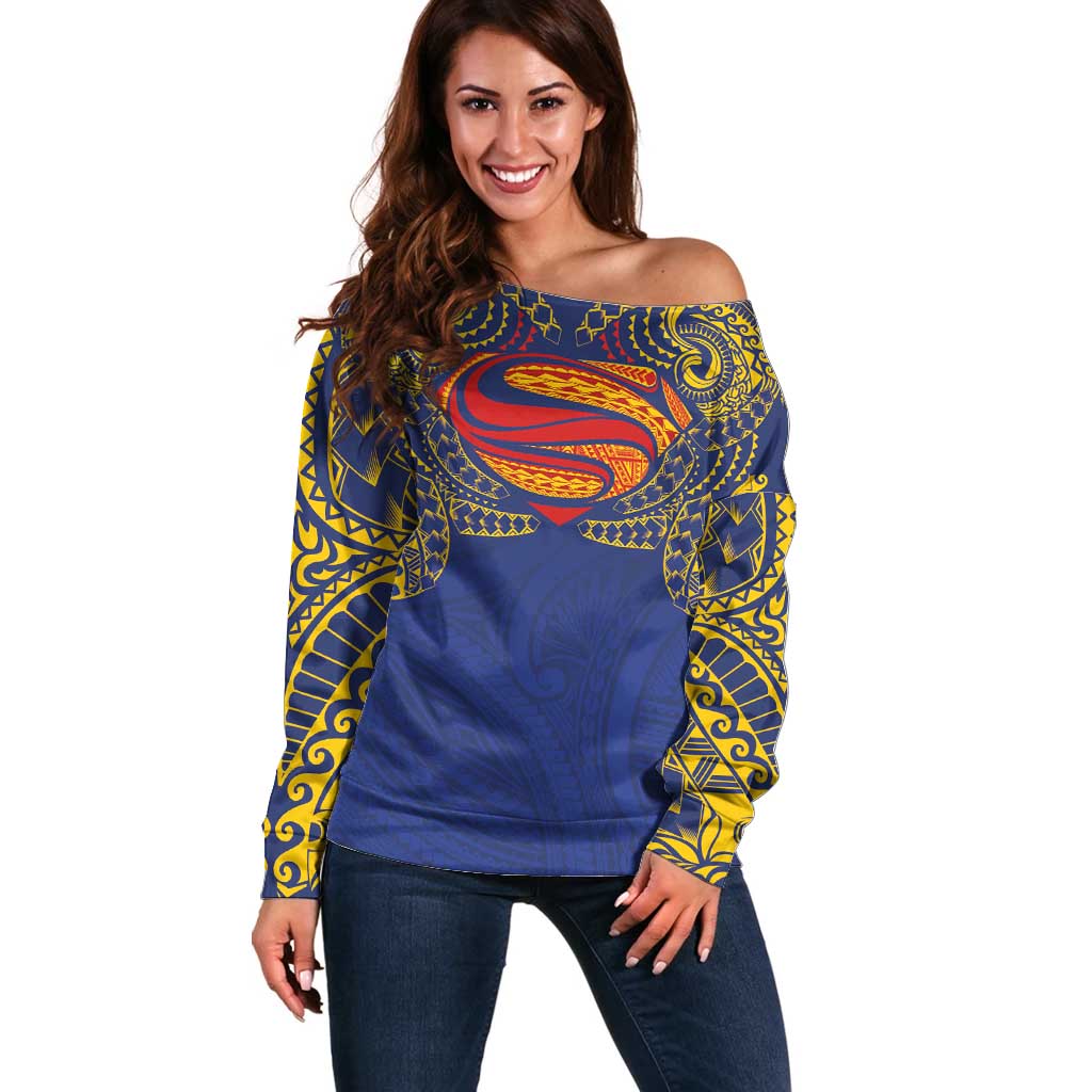 Super Samoan Traditional Tribal Art Tattoos Off Shoulder Sweater Blue Color - Polynesian Pride