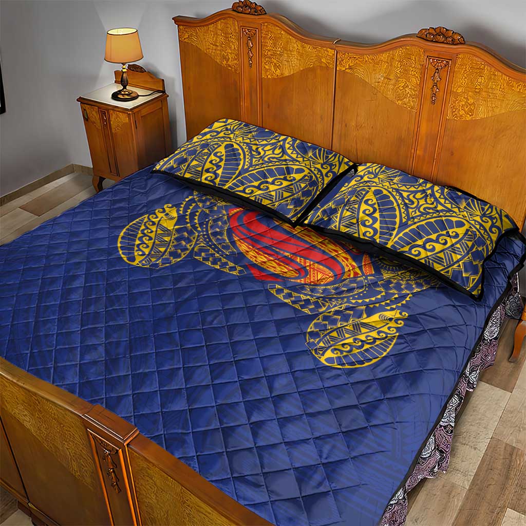 Super Samoan Traditional Tribal Art Tattoos Quilt Bed Set Blue Color - Polynesian Pride