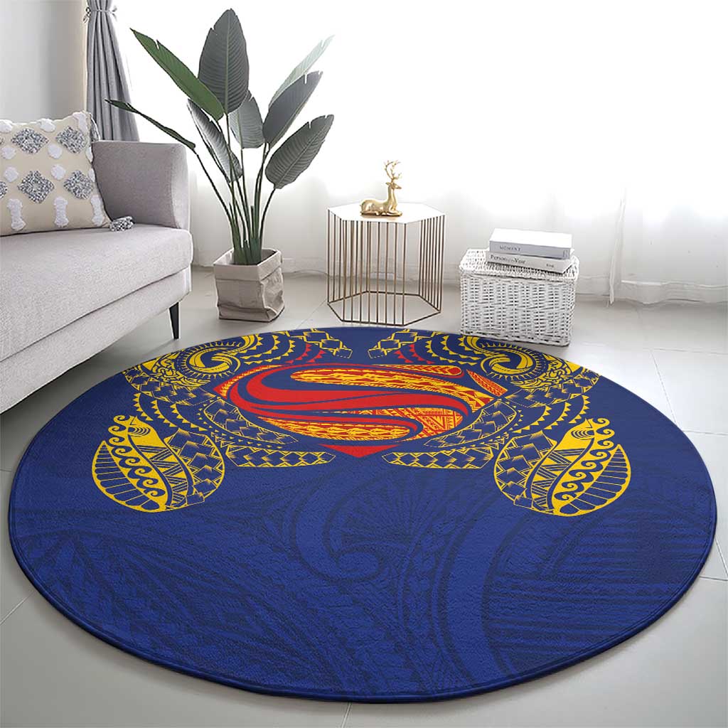 Super Samoan Traditional Tribal Art Tattoos Round Carpet Blue Color - Polynesian Pride