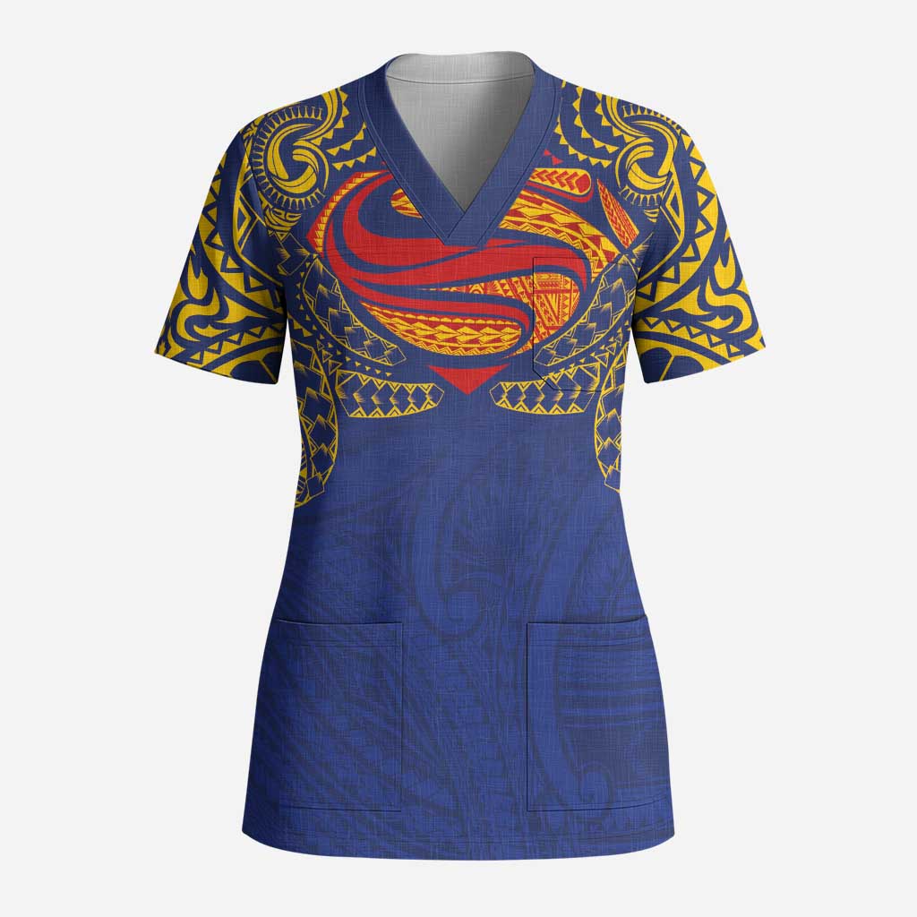 Super Samoan Traditional Tribal Art Tattoos Scrub Top Blue Color - Polynesian Pride