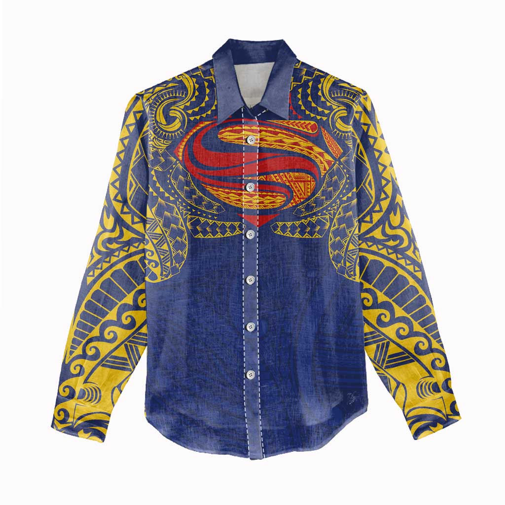 Super Samoan Traditional Tribal Art Tattoos Women Casual Shirt Blue Color - Polynesian Pride