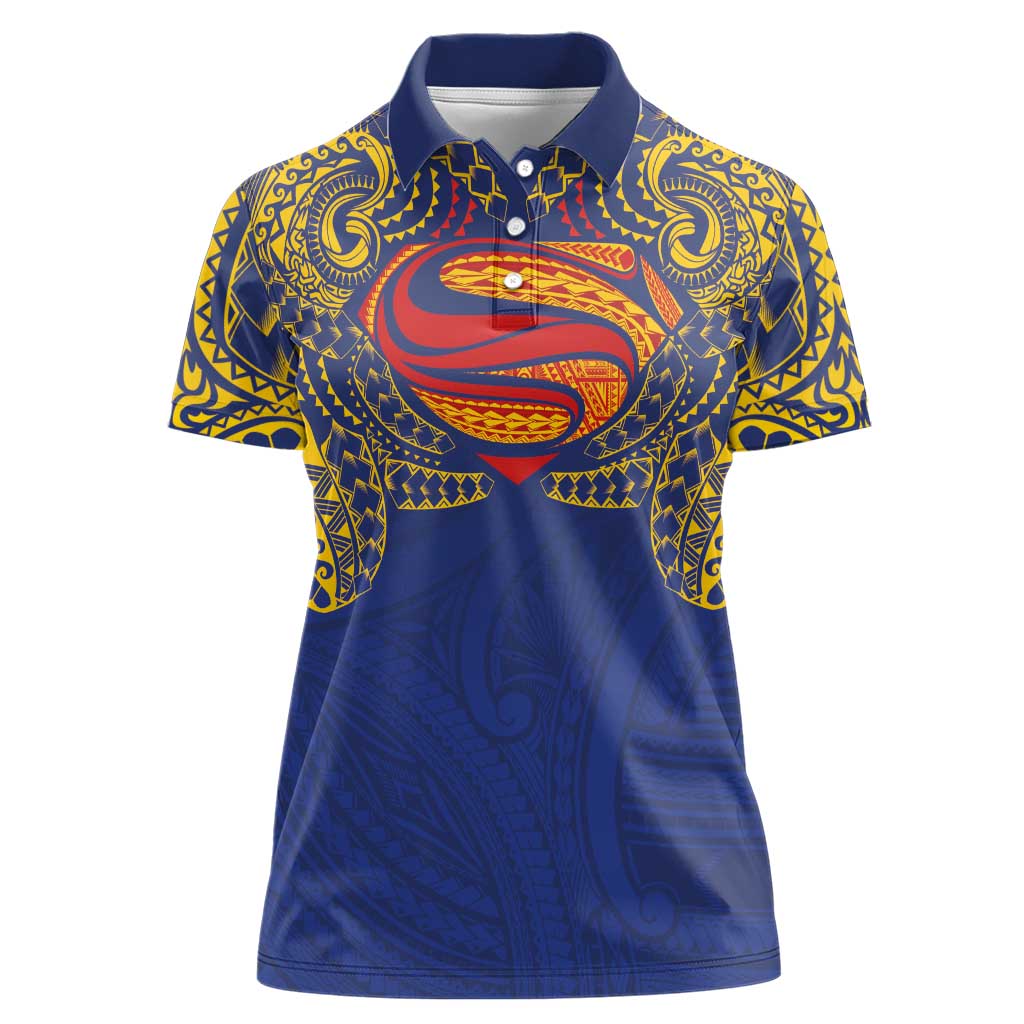 Super Samoan Traditional Tribal Art Tattoos Women Polo Shirt Blue Color - Polynesian Pride