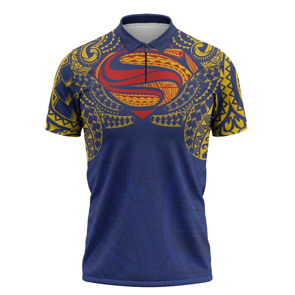 Super Samoan Traditional Tribal Art Tattoos Zipper Polo Shirt Blue Color - Polynesian Pride
