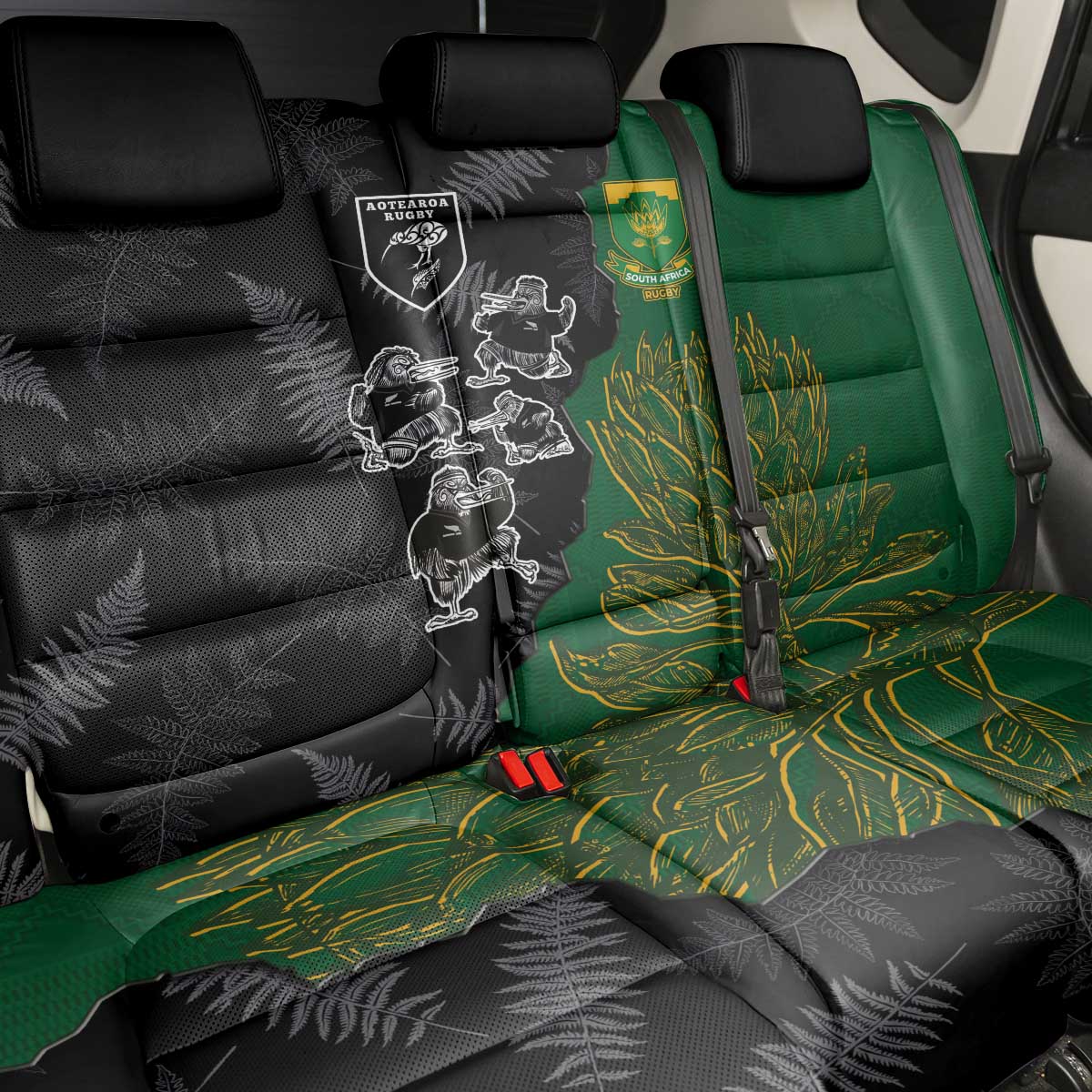 Aotearoa South Africa Rugby Freedom Cup Back Car Seat Cover Kiwi Warriors Haka with King Protea Symbol - Polynesian Pride