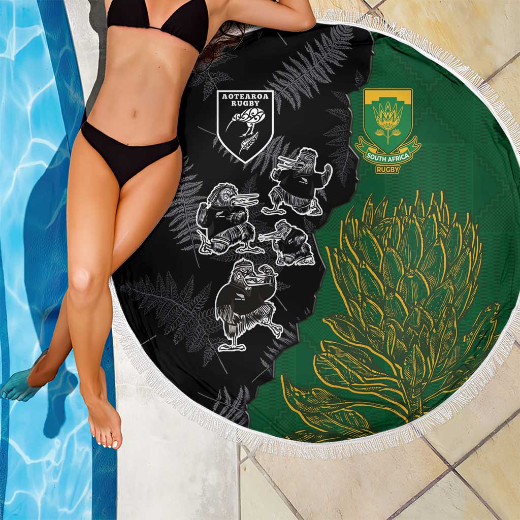 Aotearoa South Africa Rugby Freedom Cup Beach Blanket Kiwi Warriors Haka with King Protea Symbol - Polynesian Pride