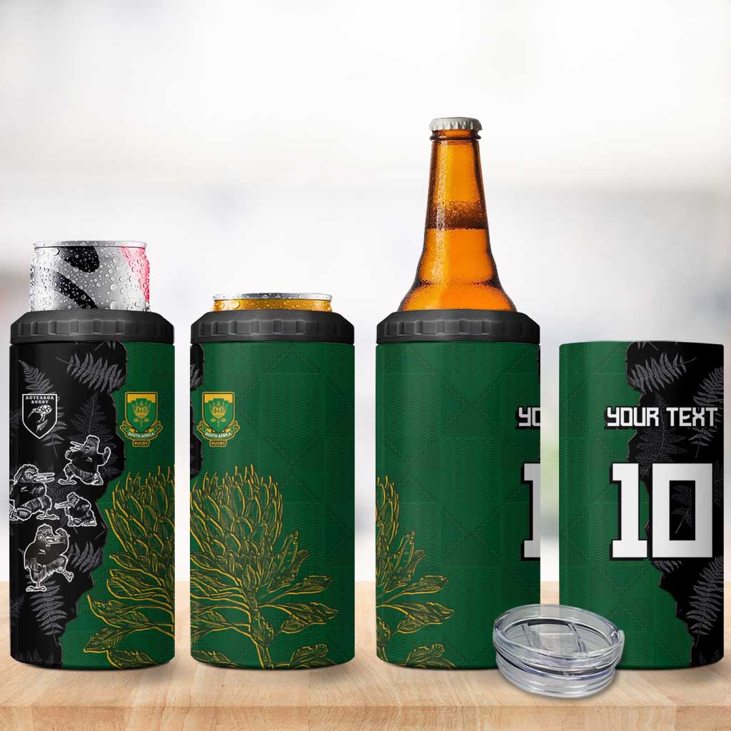 Custom Aotearoa South Africa Rugby Freedom Cup 4 in 1 Can Cooler Tumbler Kiwi Warriors Haka with King Protea Symbol - Polynesian Pride