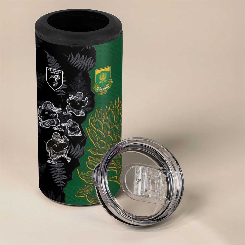 Custom Aotearoa South Africa Rugby Freedom Cup 4 in 1 Can Cooler Tumbler Kiwi Warriors Haka with King Protea Symbol - Polynesian Pride