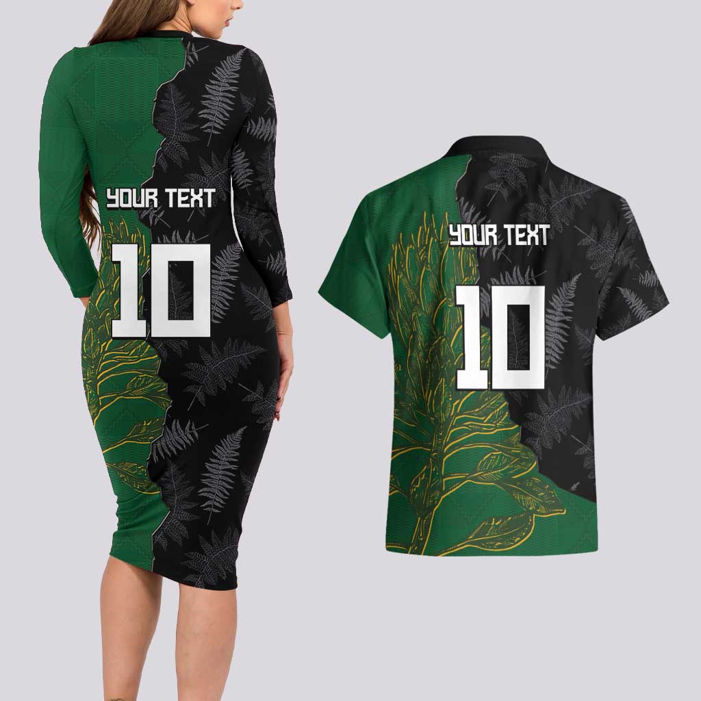 Custom Aotearoa South Africa Rugby Freedom Cup Couples Matching Long Sleeve Bodycon Dress and Hawaiian Shirt Kiwi Warriors Haka with King Protea Symbol - Polynesian Pride