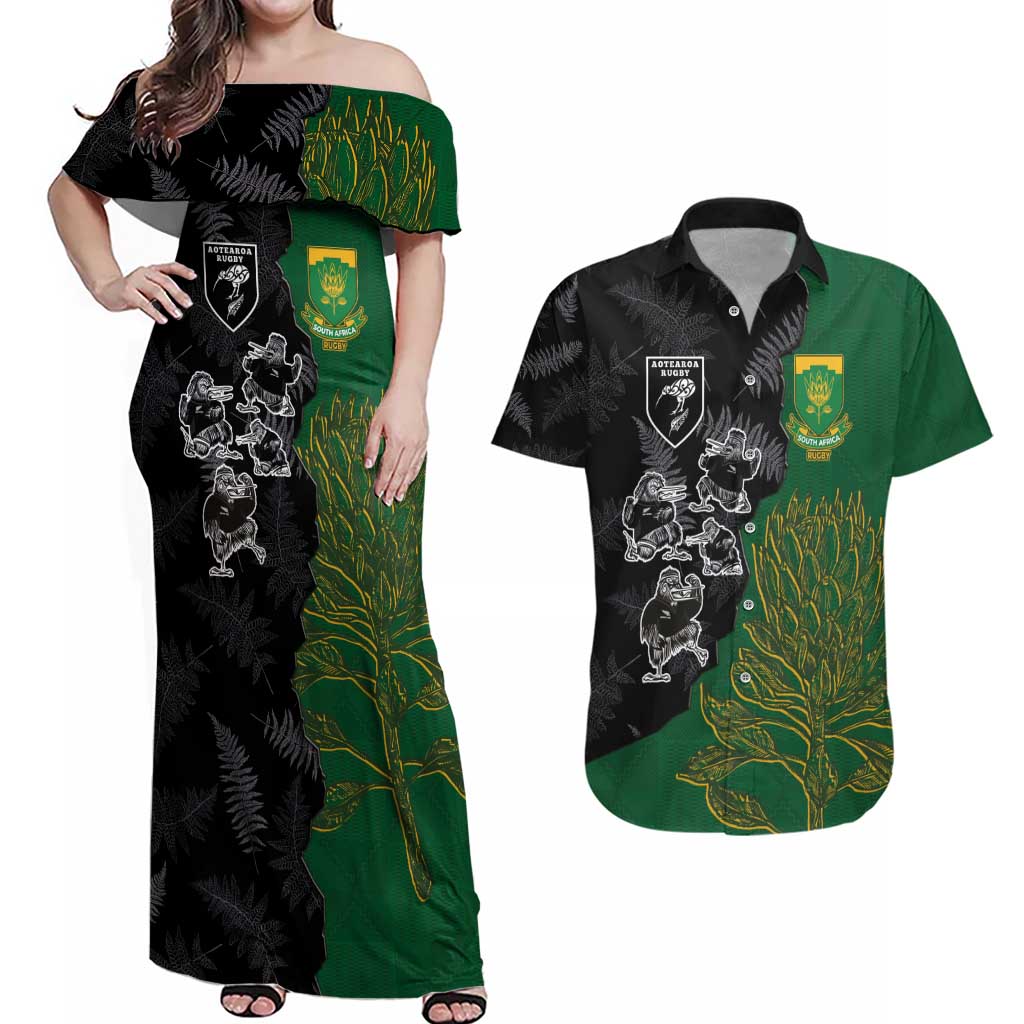 Custom Aotearoa South Africa Rugby Freedom Cup Couples Matching Off Shoulder Maxi Dress and Hawaiian Shirt Kiwi Warriors Haka with King Protea Symbol - Polynesian Pride