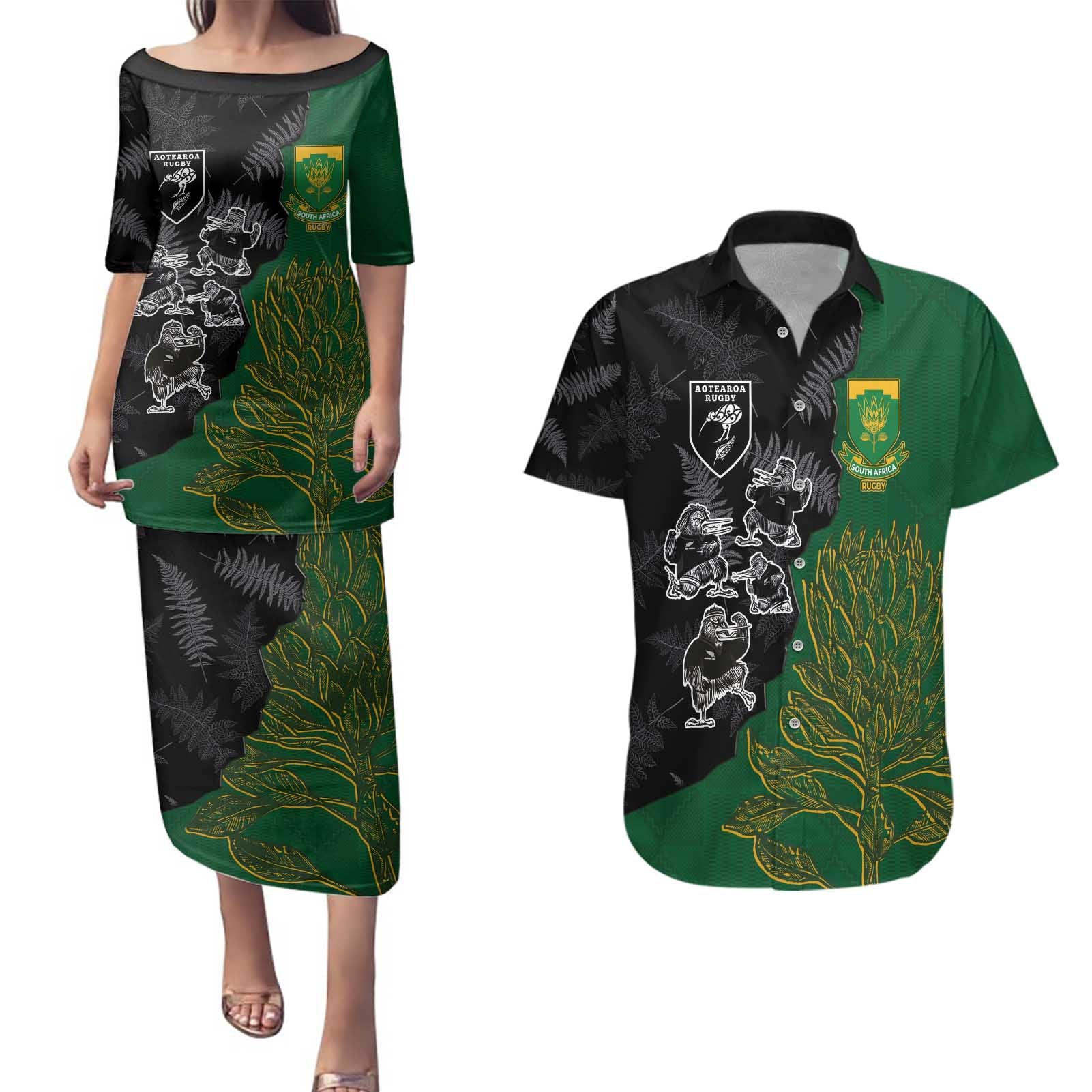 Custom Aotearoa South Africa Rugby Freedom Cup Couples Matching Puletasi and Hawaiian Shirt Kiwi Warriors Haka with King Protea Symbol - Polynesian Pride