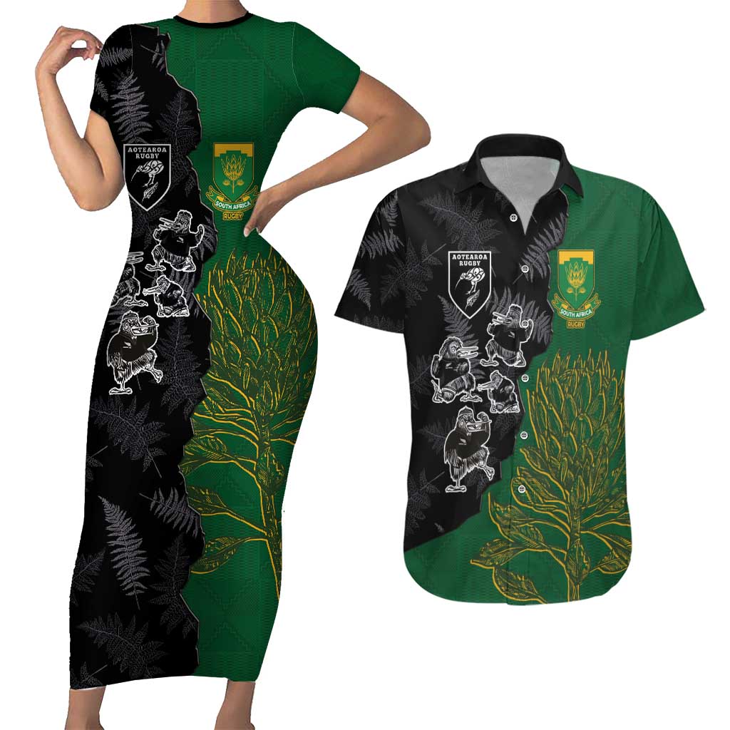 Custom Aotearoa South Africa Rugby Freedom Cup Couples Matching Short Sleeve Bodycon Dress and Hawaiian Shirt Kiwi Warriors Haka with King Protea Symbol - Polynesian Pride