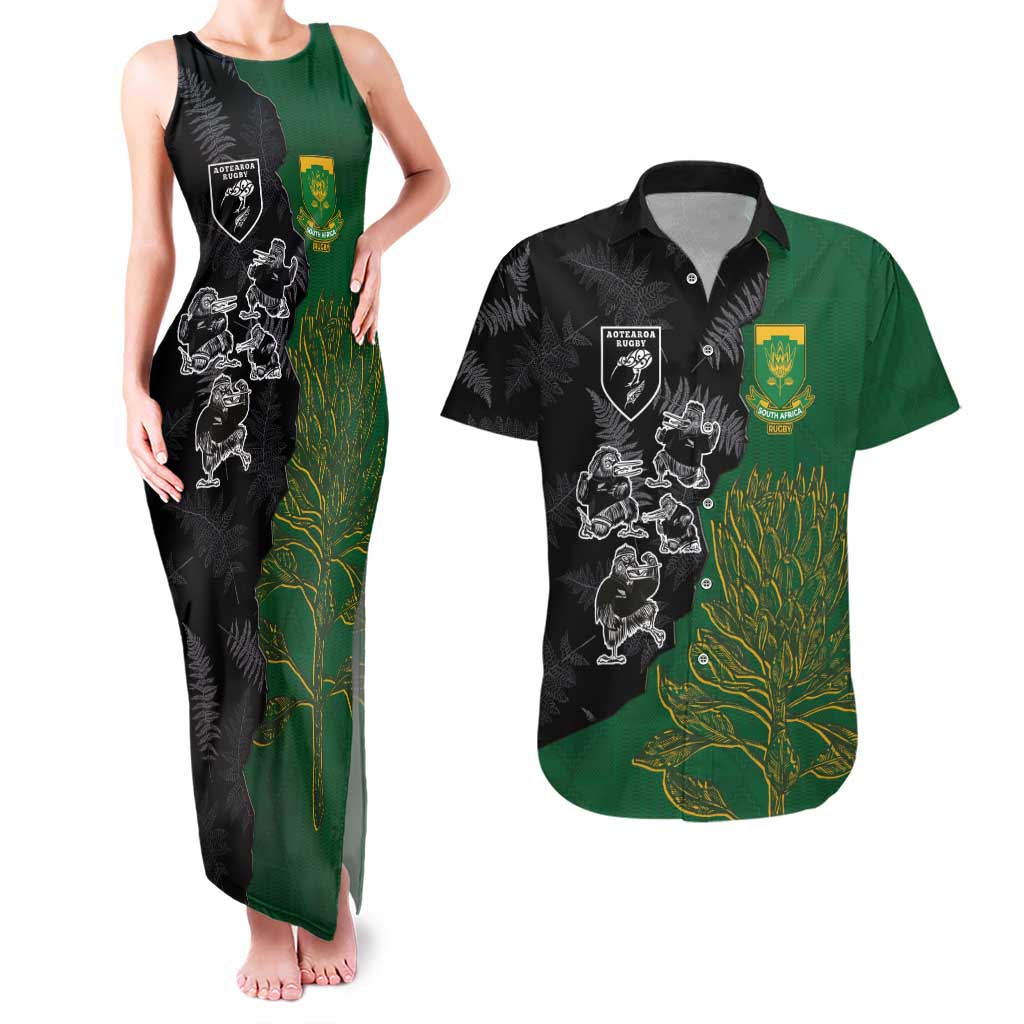 Custom Aotearoa South Africa Rugby Freedom Cup Couples Matching Tank Maxi Dress and Hawaiian Shirt Kiwi Warriors Haka with King Protea Symbol - Polynesian Pride