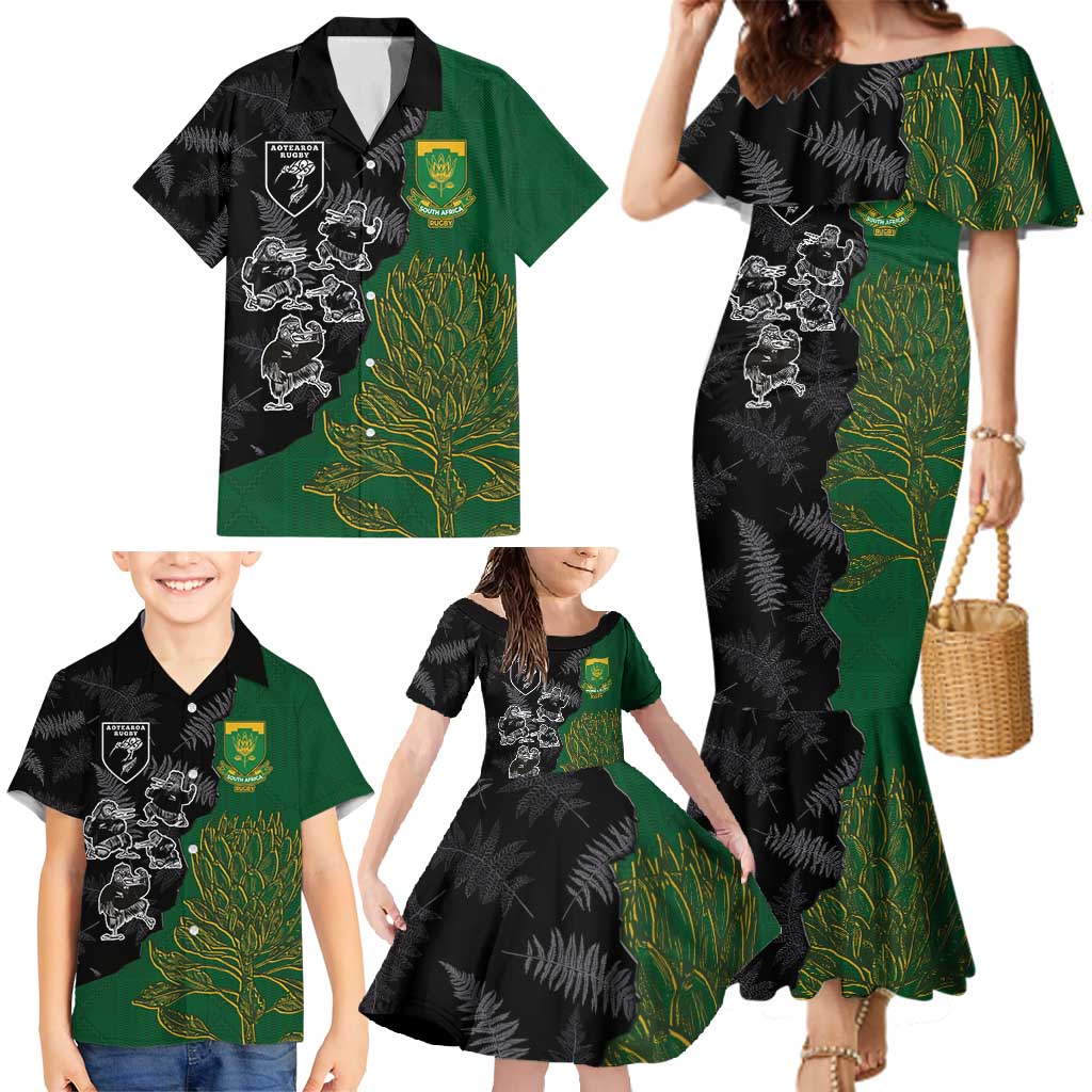 Custom Aotearoa South Africa Rugby Freedom Cup Family Matching Mermaid Dress and Hawaiian Shirt Kiwi Warriors Haka with King Protea Symbol - Polynesian Pride