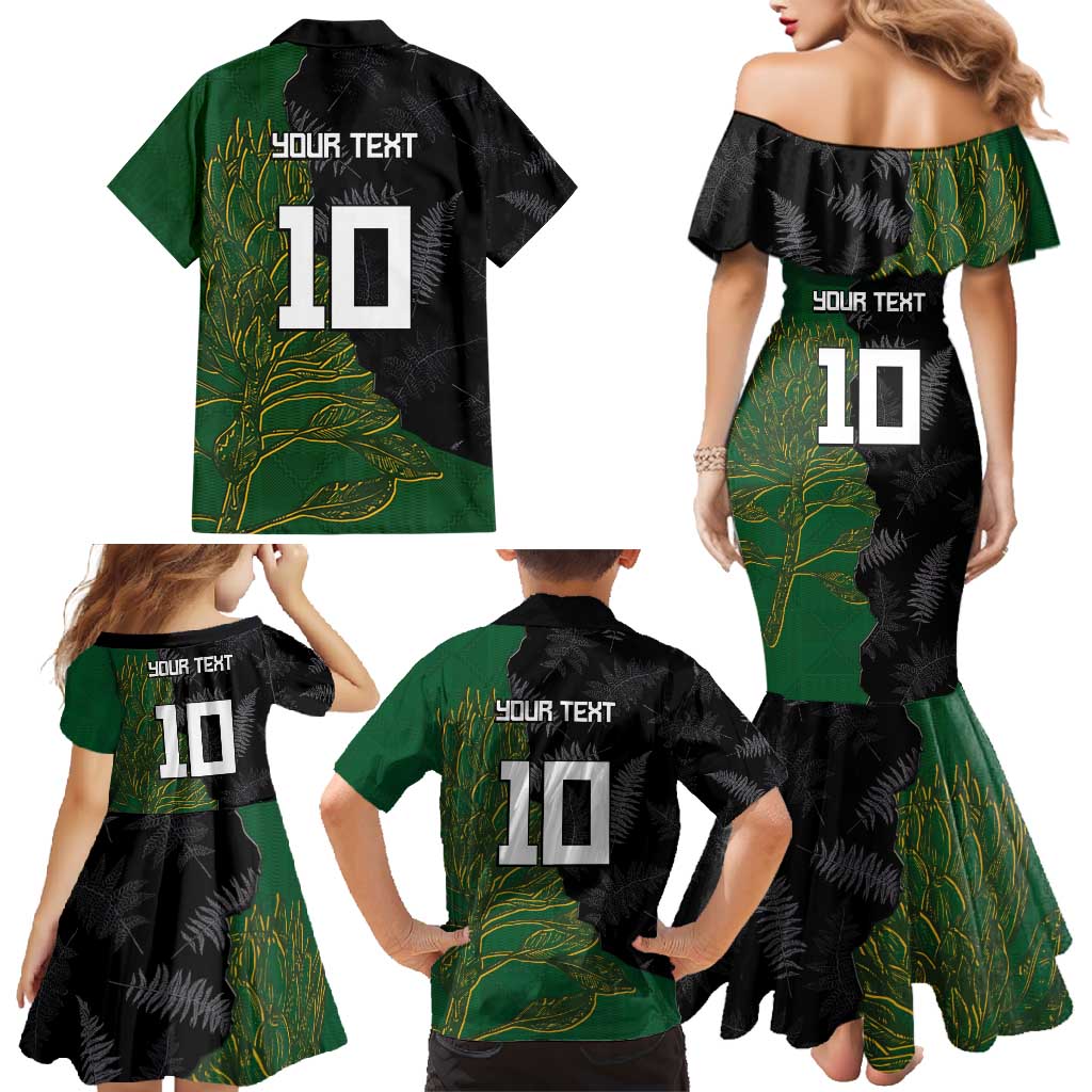 Custom Aotearoa South Africa Rugby Freedom Cup Family Matching Mermaid Dress and Hawaiian Shirt Kiwi Warriors Haka with King Protea Symbol - Polynesian Pride