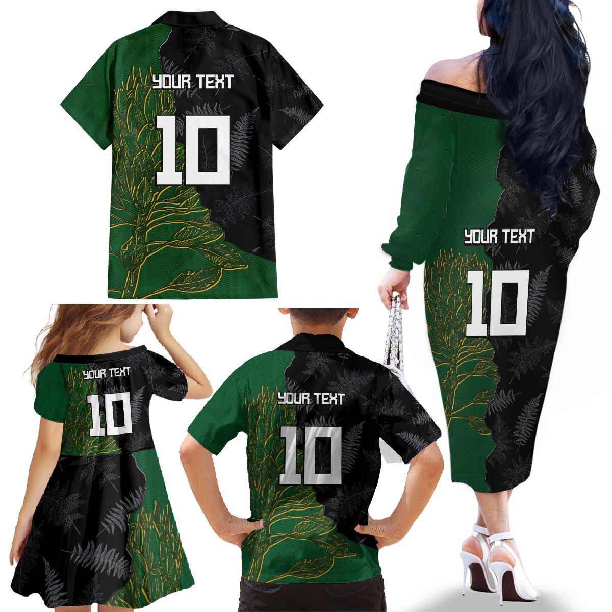 Custom Aotearoa South Africa Rugby Freedom Cup Family Matching Off The Shoulder Long Sleeve Dress and Hawaiian Shirt Kiwi Warriors Haka with King Protea Symbol - Polynesian Pride