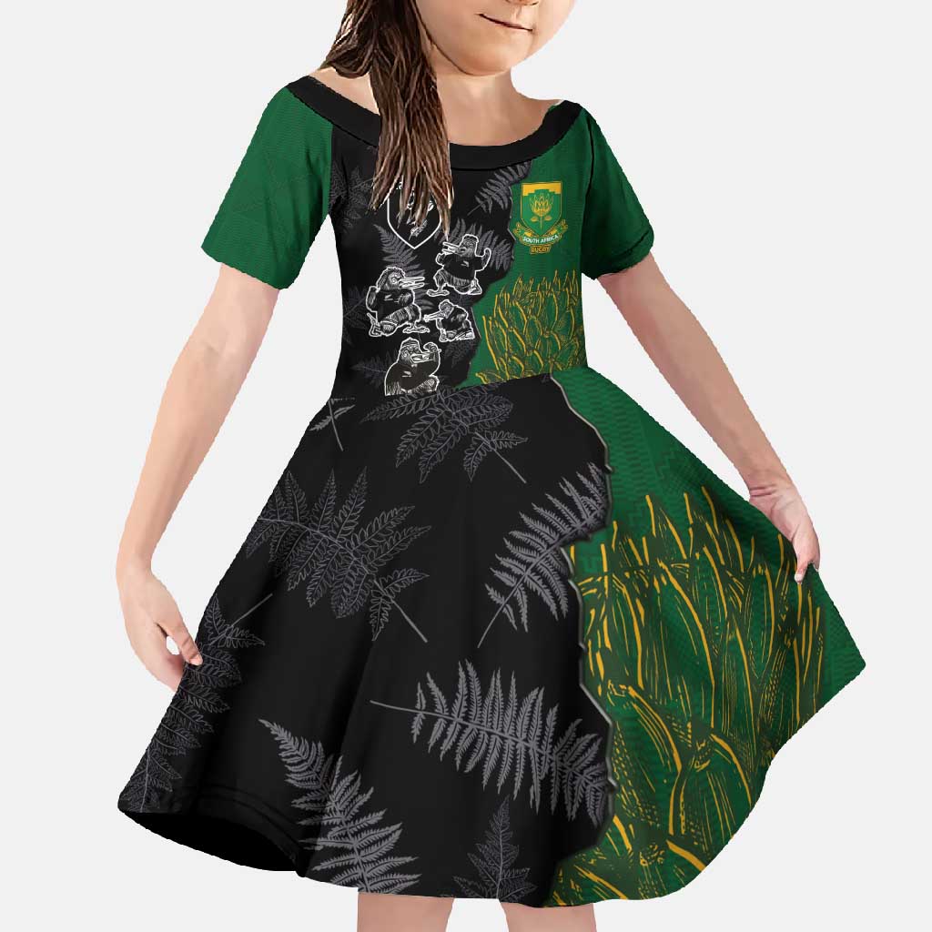 Custom Aotearoa South Africa Rugby Freedom Cup Family Matching Off Shoulder Maxi Dress and Hawaiian Shirt Kiwi Warriors Haka with King Protea Symbol - Polynesian Pride