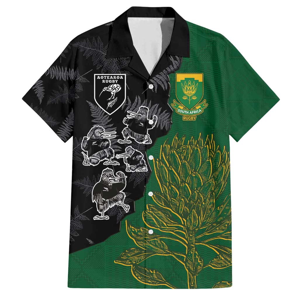 Custom Aotearoa South Africa Rugby Freedom Cup Family Matching Off Shoulder Short Dress and Hawaiian Shirt Kiwi Warriors Haka with King Protea Symbol - Polynesian Pride