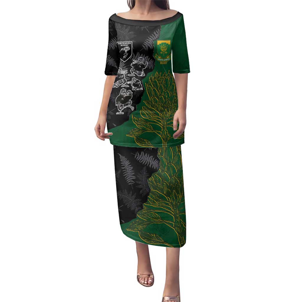 Custom Aotearoa South Africa Rugby Freedom Cup Family Matching Puletasi and Hawaiian Shirt Kiwi Warriors Haka with King Protea Symbol - Polynesian Pride