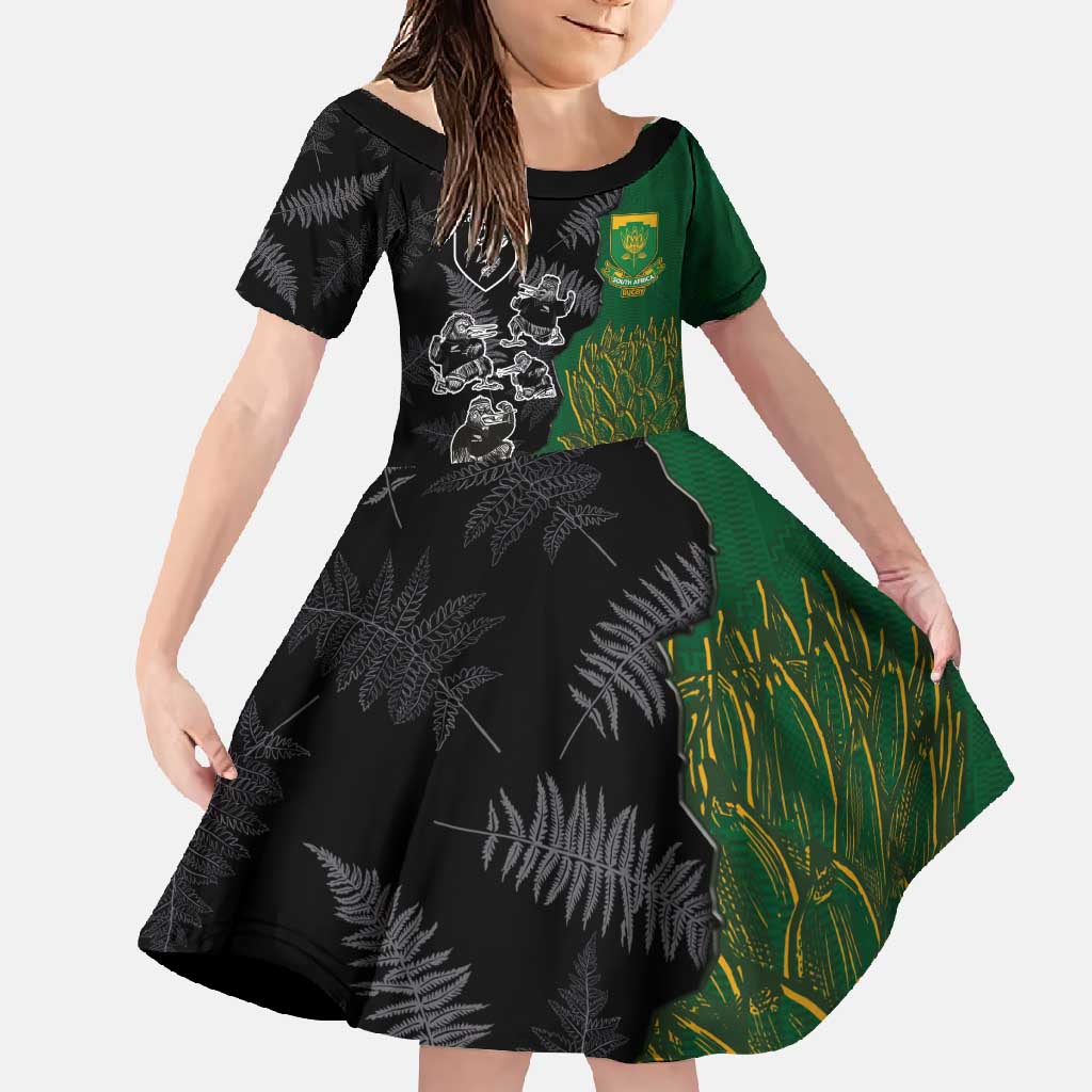 Custom Aotearoa South Africa Rugby Freedom Cup Family Matching Summer Maxi Dress and Hawaiian Shirt Kiwi Warriors Haka with King Protea Symbol - Polynesian Pride